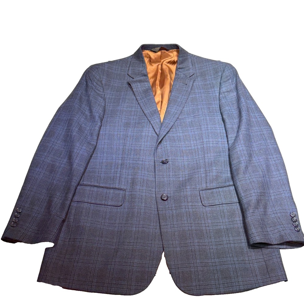 Joseph Jos A Bank Sport Coat Mens 42LG Navy Blue Plaid Silk & Wool Double Vented